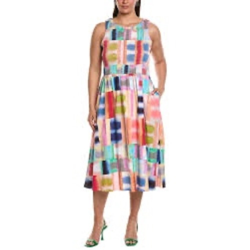 NIC+ZOE Midi Dress Womens 2X Multicolor New Cotton Smocked Patchwork Pockets